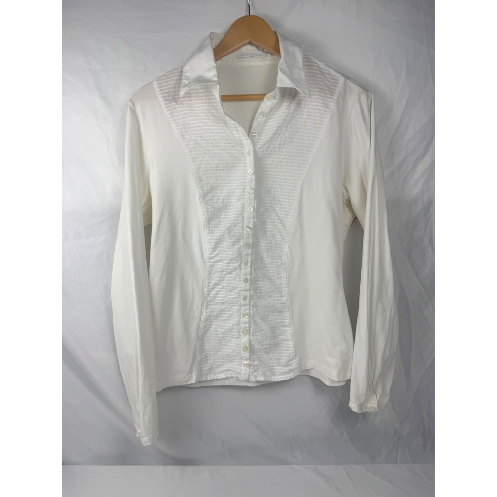 Anne Fontaine Size 46 White Stretch Button Front Blouse Pleated Tuxedo Shirt